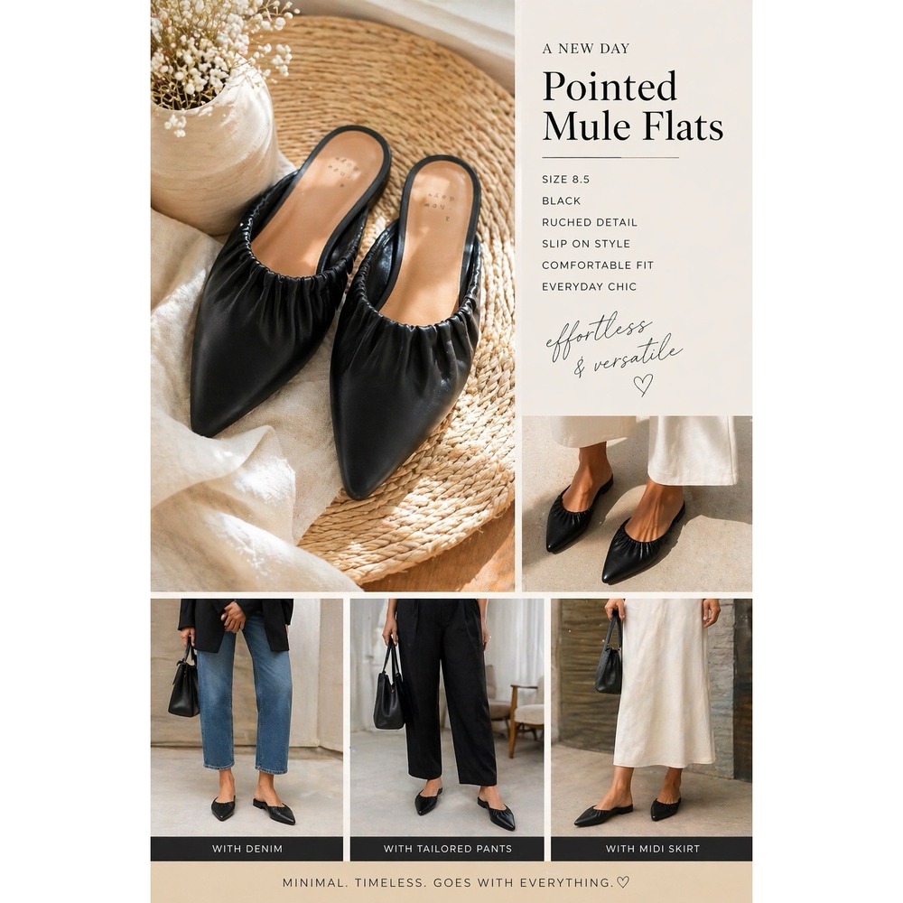 Black Pointed Toe Mule Office Chic Flats Womens 8.5 SlipOn Minimal Work Shoes